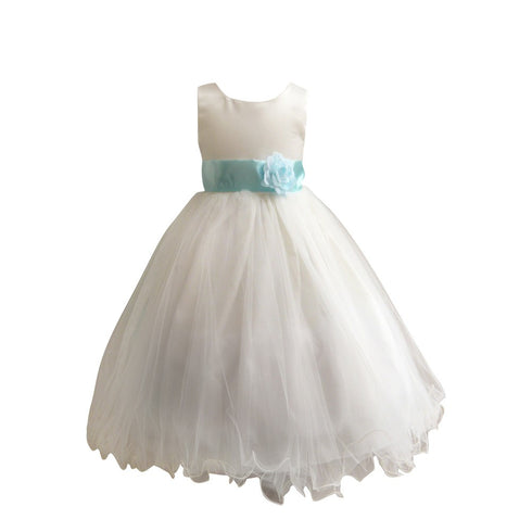 Baby Girls Ivory Aqua Sash Satin Tulle 3 Layer Flower Girl Dress 12-24M - SophiasStyle.com