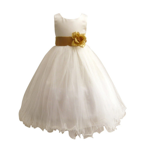 Big Girls Ivory Gold Sash Satin Tulle 3 Layer Flower Girl Dress 8-14 - SophiasStyle.com