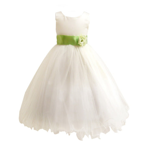 Big Girls Ivory Green Sash Satin Tulle 3 Layer Flower Girl Dress 8-14 - SophiasStyle.com