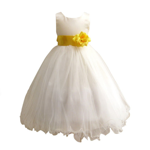 Big Girls Ivory Yellow Sash Satin Tulle 3 Layer Flower Girl Dress 8-14 - SophiasStyle.com