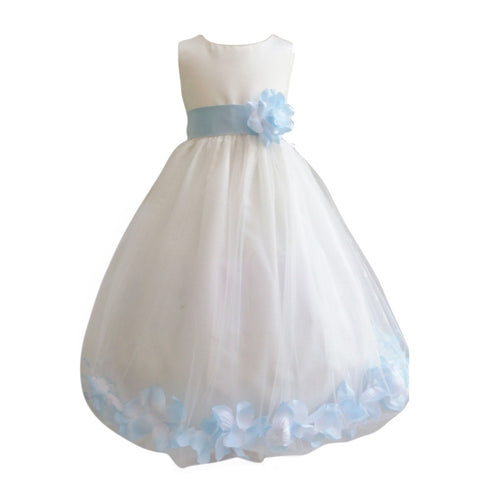 Little Girls Ivory Baby Blue Petals Satin Tulle 3 Layer Flower Girl Dress 2T-6 - SophiasStyle.com
