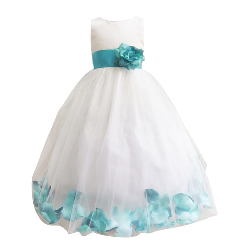 Baby Girls Ivory Teal Petals Satin Tulle 3 Layer Flower Girl Dress 6-24M - SophiasStyle.com