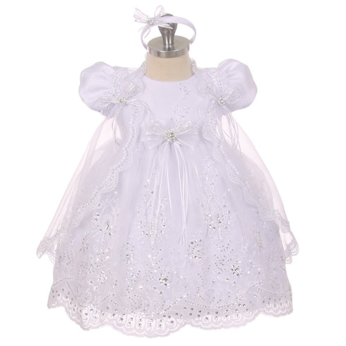 Rainkids Baby Girls White Sequins Embroidered Lace Cape Baptism Dress 0-24M - SophiasStyle.com