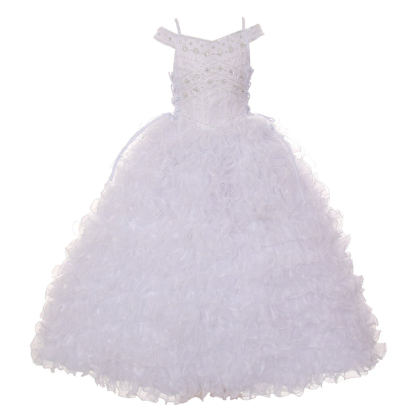 Rain Kids Little Girls White Beads Ruffle Organza Communion Dress 4-6 - SophiasStyle.com