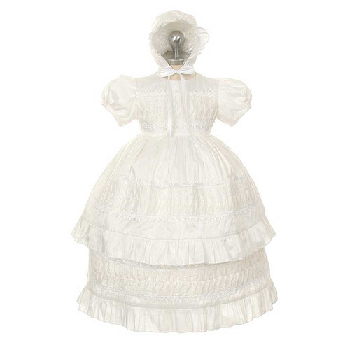 Rain Kids White Silk Lace Bonnet Baptism Dress Baby Girl 6M-24M - SophiasStyle.com