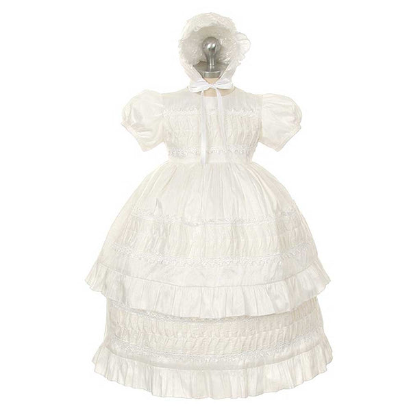 Rain Kids White Silk Lace Bonnet Baptism Dress Baby Girl 6M-24M - SophiasStyle.com