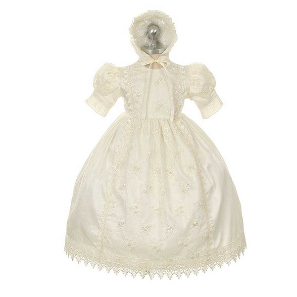 Rain Kids Ivory Silk Lace Bonnet Baptism Dress Baby Girl 6M-24M - SophiasStyle.com