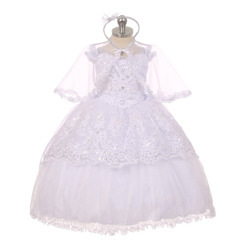Rainkids Baby Girls White Organza Sequins Hi-Low Sheer Cape Baptism Dress 6-12M - SophiasStyle.com