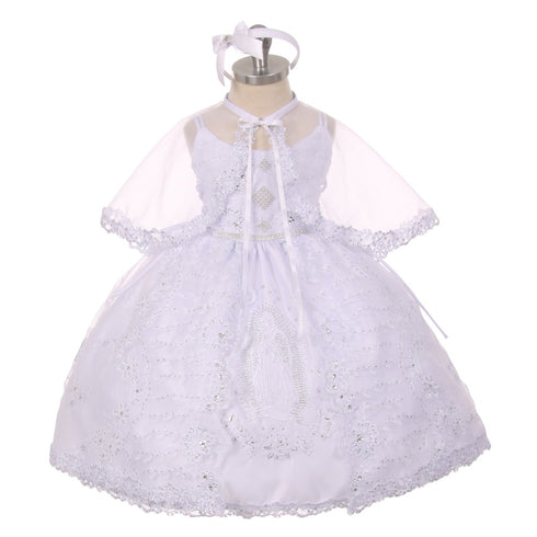 Rainkids Little Girls White Rhinestone Virgin Mary Embroidery Baptism Dress 2-6 - SophiasStyle.com