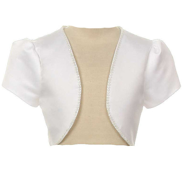 Rain Kids White Satin Rhinestone Trim Short Sleeve Bolero Girls 8-14 - SophiasStyle.com
