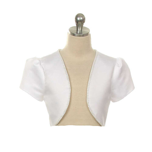 Rain Kids White Satin Rhinestone Trim Short Sleeve Bolero Girls 8-14 - SophiasStyle.com
