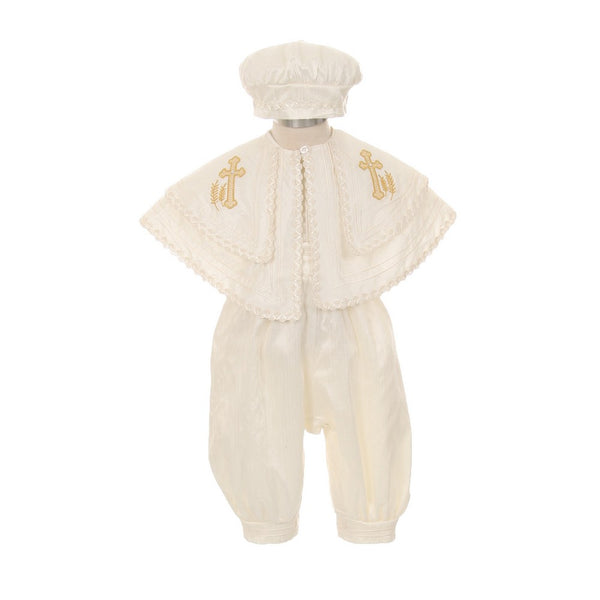 Rain Kids Baby Boys Ivory Silk Cross Cape Hat Baptism Romper Jumpsuit 6-12M - SophiasStyle.com