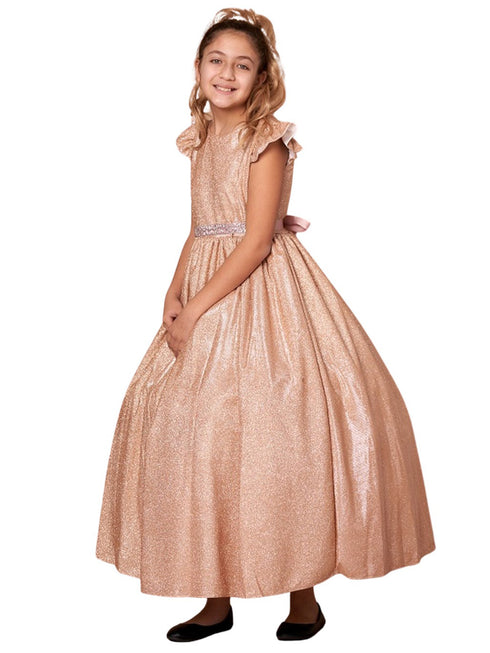 Big Girls Rose Gold Metallic Flutter Sleeve Junior Bridesmaid Dress 8-16 - SophiasStyle.com