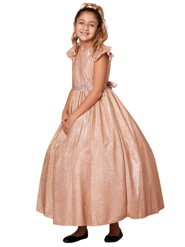 Big Girls Rose Gold Metallic Flutter Sleeve Junior Bridesmaid Dress 8-16 - SophiasStyle.com