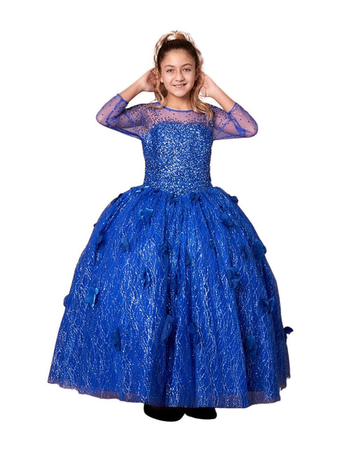 Girls Bahama Blue Floral Appliques Ball Gown 3-16 - SophiasStyle.com