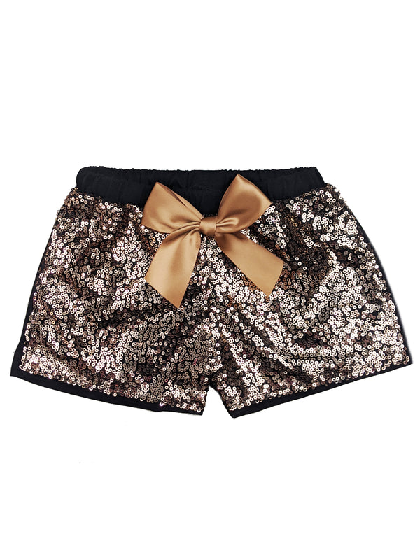 Girls Brown Stretchy Waist Sequin Bow Adorned Shorts 9M-8 - SophiasStyle.com