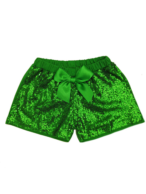 Girls Green Stretchy Waist Sequin Bow Adorned Shorts 9M-8 - SophiasStyle.com