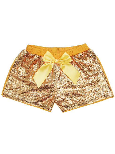 Girls Gold Sequin satin bow Elastic Waist Shorts 0M-8 - SophiasStyle.com