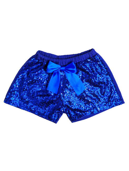 Girls Royal Blue Sequin Satin Bow Elastic Waist Shorts 24 Months-6 - SophiasStyle.com