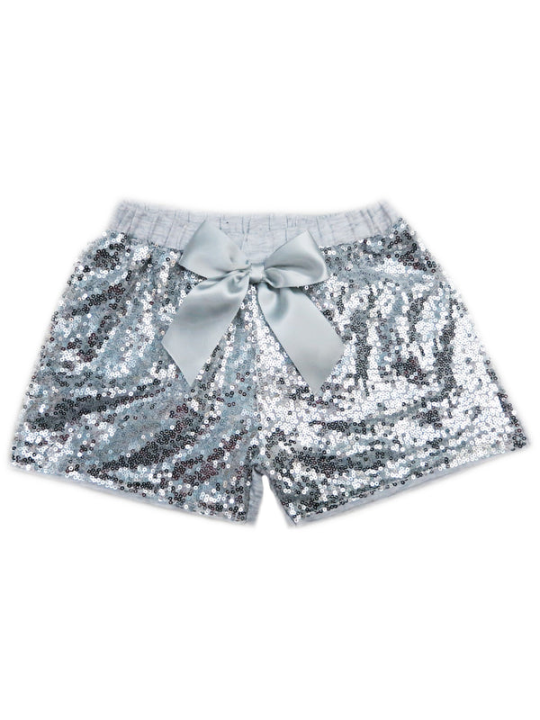 Girls Silver Sequin satin bow Elastic Waist Shorts 0M-8 - SophiasStyle.com