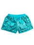 Girls Turquoise Sequin Satin Bow Elastic Waist Shorts 24 Months-6 - SophiasStyle.com