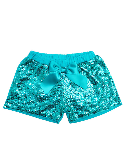 Girls Turquoise Sequin Satin Bow Elastic Waist Shorts 24 Months-6 - SophiasStyle.com