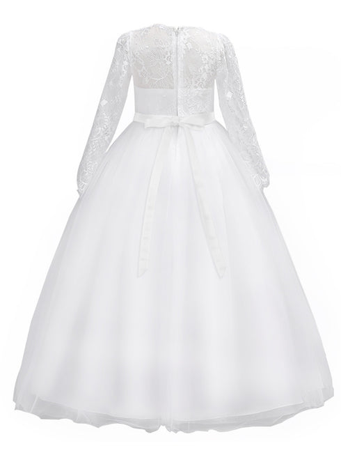 Rainkids Big Girls White Lace Long Sleeve Illusion Neck Communion Dress 7-16 - SophiasStyle.com