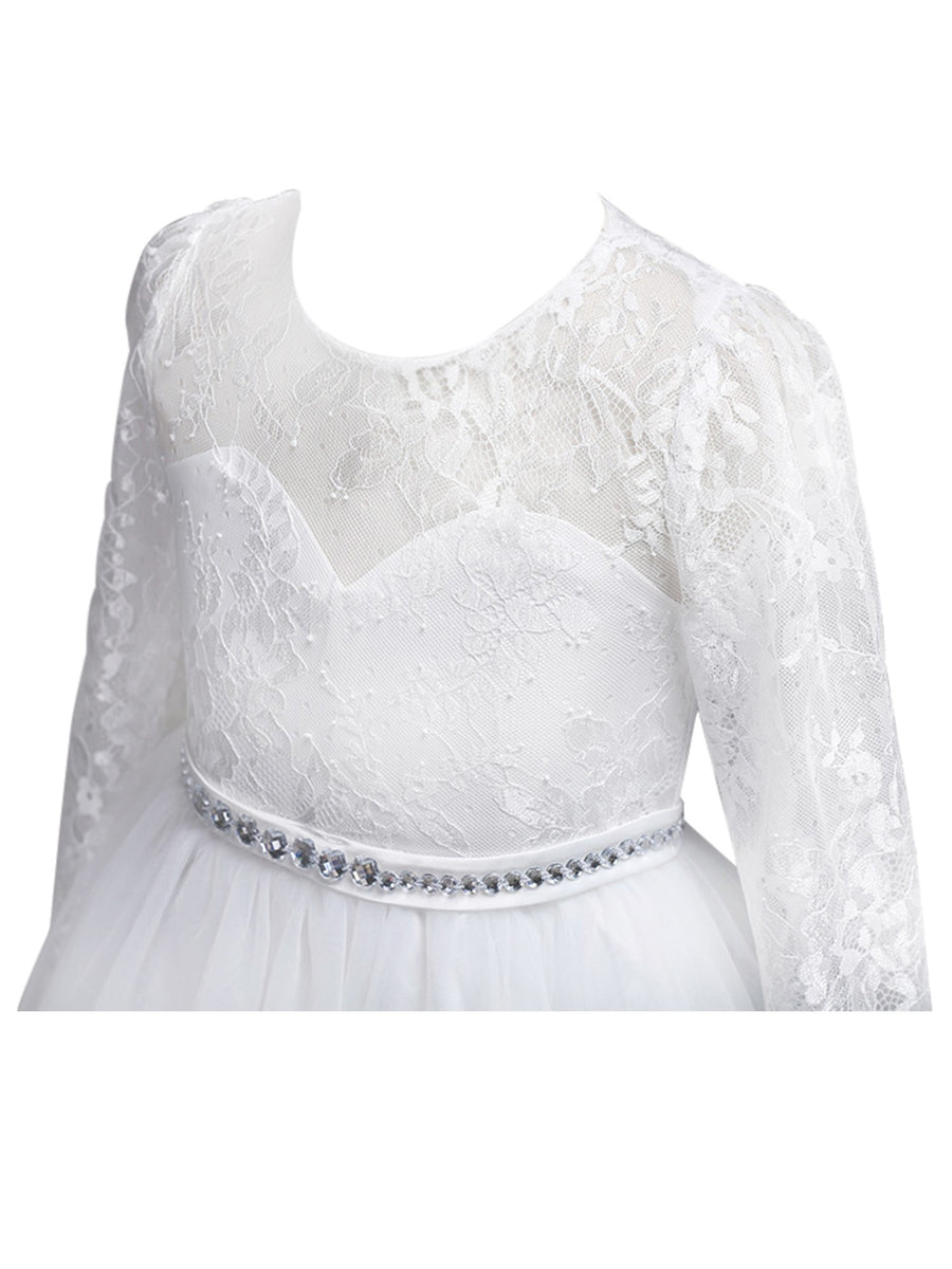 girls white long sleeve dress Rainkids Big Girls White Lace Long Sleeve Illusion Neck Communion Dress 8