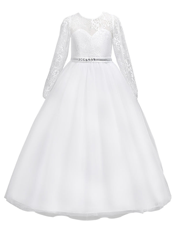Rainkids Big Girls White Lace Long Sleeve Illusion Neck Communion Dress 7-16 - SophiasStyle.com