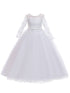 Rainkids Big Girls White Lace Tulle Long Sleeve Sash Communion Dress 7-16 - SophiasStyle.com