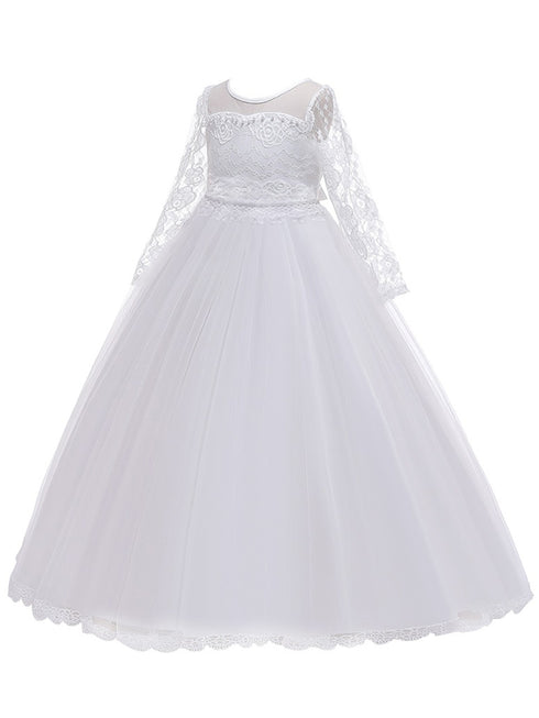 Rainkids Big Girls White Lace Tulle Long Sleeve Sash Communion Dress 7-16 - SophiasStyle.com