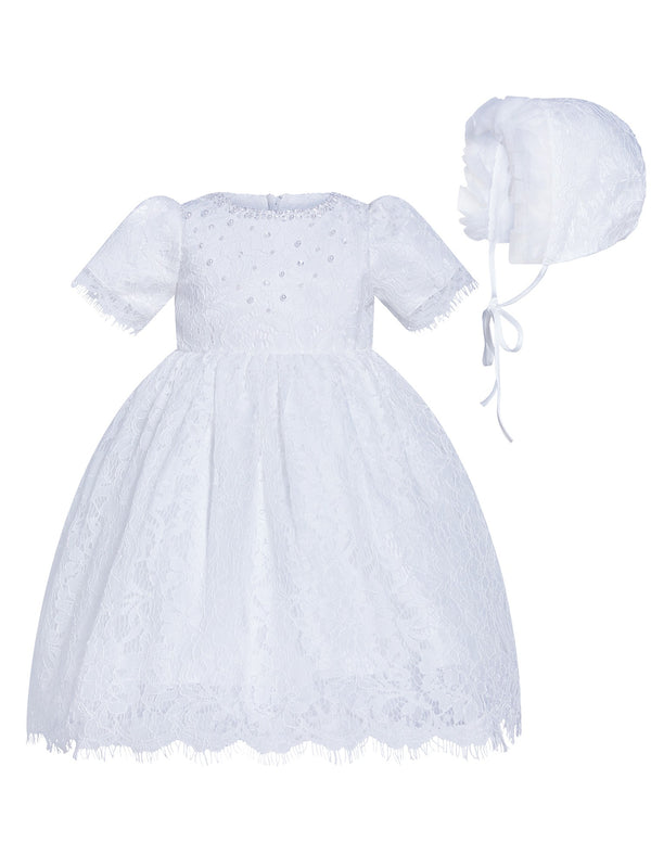 Rainkids Little Girls White Pearl Lace Bonnet Full Length Christening Gown 0-4 - SophiasStyle.com