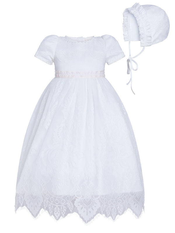 Rainkids Baby Girls White Puff Sleeves Lace Bonnet Christening Gown 0-3 - SophiasStyle.com