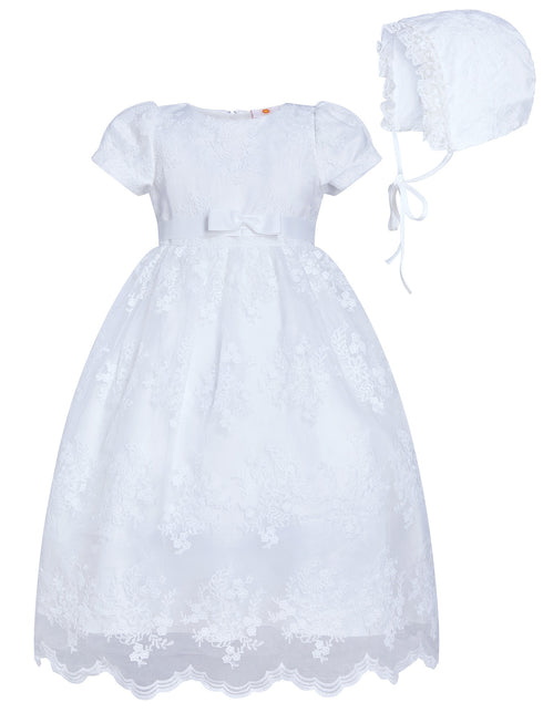Rainkids Baby Girls White Puff Sleeves Lace Bow Bonnet Christening Gown 0-3 - SophiasStyle.com