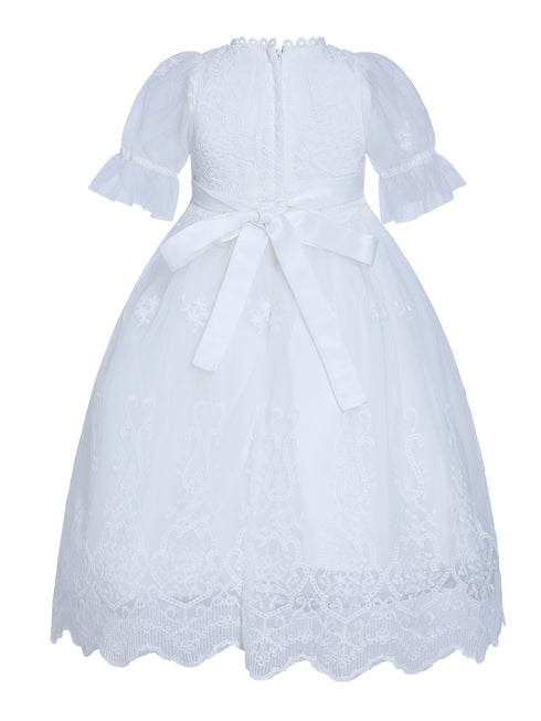 Rainkids Baby Girls White Puff Sleeves Scalloped Hem Bonnet Baptism Gown 0-3 - SophiasStyle.com