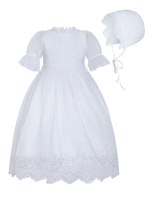 Rainkids Baby Girls White Puff Sleeves Scalloped Hem Bonnet Baptism Gown 0-3 - SophiasStyle.com