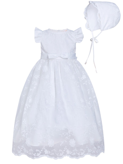 Rainkids Baby Girls White Ruffled Sleeves Bow Bonnet Christening Gown 0-3 - SophiasStyle.com