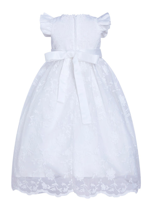 Rainkids Baby Girls White Ruffled Sleeves Bow Bonnet Christening Gown 0-3 - SophiasStyle.com
