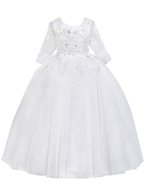 Rainkids Big Girls White Sheer Sleeve Lace Applique Tulle Communion Dress 7-16 - SophiasStyle.com