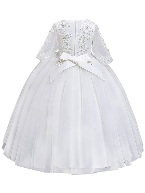 Rainkids Big Girls White Sheer Sleeve Lace Applique Tulle Communion Dress 7-16 - SophiasStyle.com