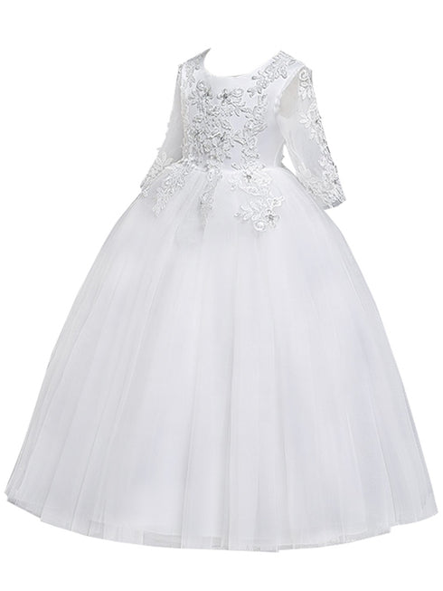 Rainkids Big Girls White Sheer Sleeve Lace Applique Tulle Communion Dress 7-16 - SophiasStyle.com
