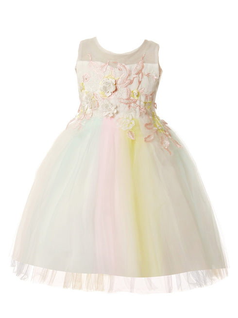 Rain Kids Girls Multi Color 3D Floral Applique Tulle Flower Girl Dress 3-10 - SophiasStyle.com