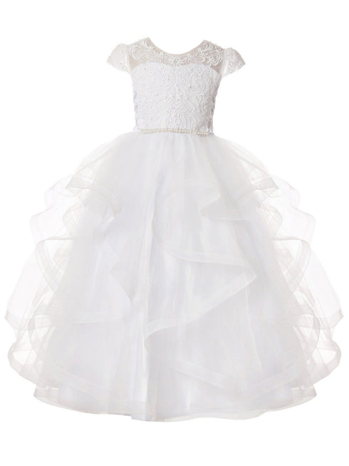 Rainkids Big Girls White Cap Sleeve Pearls Rhinestones Bow Communion Dress 7-16 - SophiasStyle.com