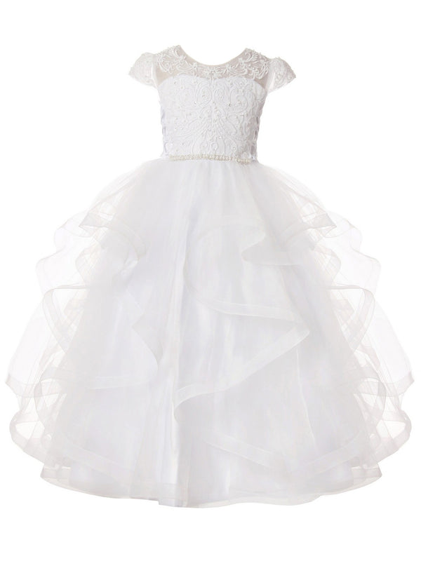 Rainkids Big Girls White Cap Sleeve Pearls Rhinestones Bow Communion Dress 7-16 - SophiasStyle.com