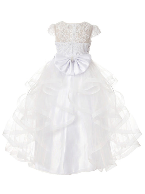 Rainkids Big Girls White Cap Sleeve Pearls Rhinestones Bow Communion Dress 7-16 - SophiasStyle.com