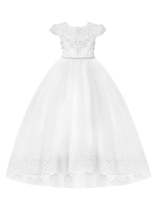 Rainkids Big Girls White Cap Sleeve Rhinestones Trim Bow Communion Dress 7-20 - SophiasStyle.com