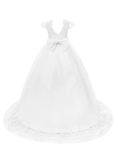 Rainkids Big Girls White Cap Sleeve Rhinestones Trim Bow Communion Dress 7-20 - SophiasStyle.com