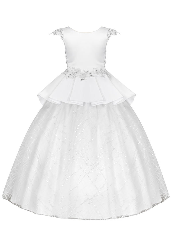 Rainkids Girls White Embroidered Cap Sleeve Tunic Sequins Communion Dress 7-16 - SophiasStyle.com