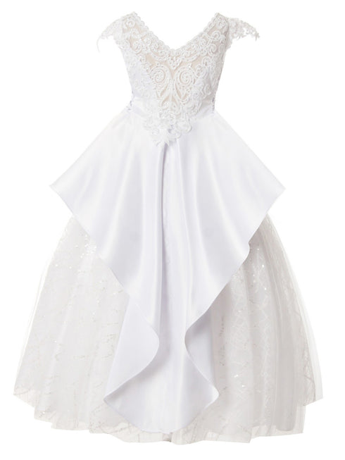 Rainkids Girls White Embroidered Cap Sleeve Tunic Sequins Communion Dress 7-16 - SophiasStyle.com