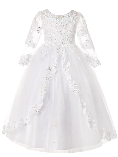 Rainkids Girls White Long Sleeve Lace Sequins Plus Size Communion Dress 7.5-16.5 - SophiasStyle.com